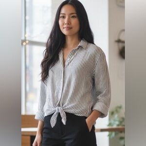 H&M 100% Linen White and Grey Striped Tie-Front Button-down Shirt Medium